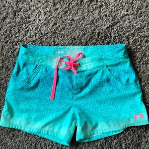 Under Armor board shorts Teal print with hot pink tie